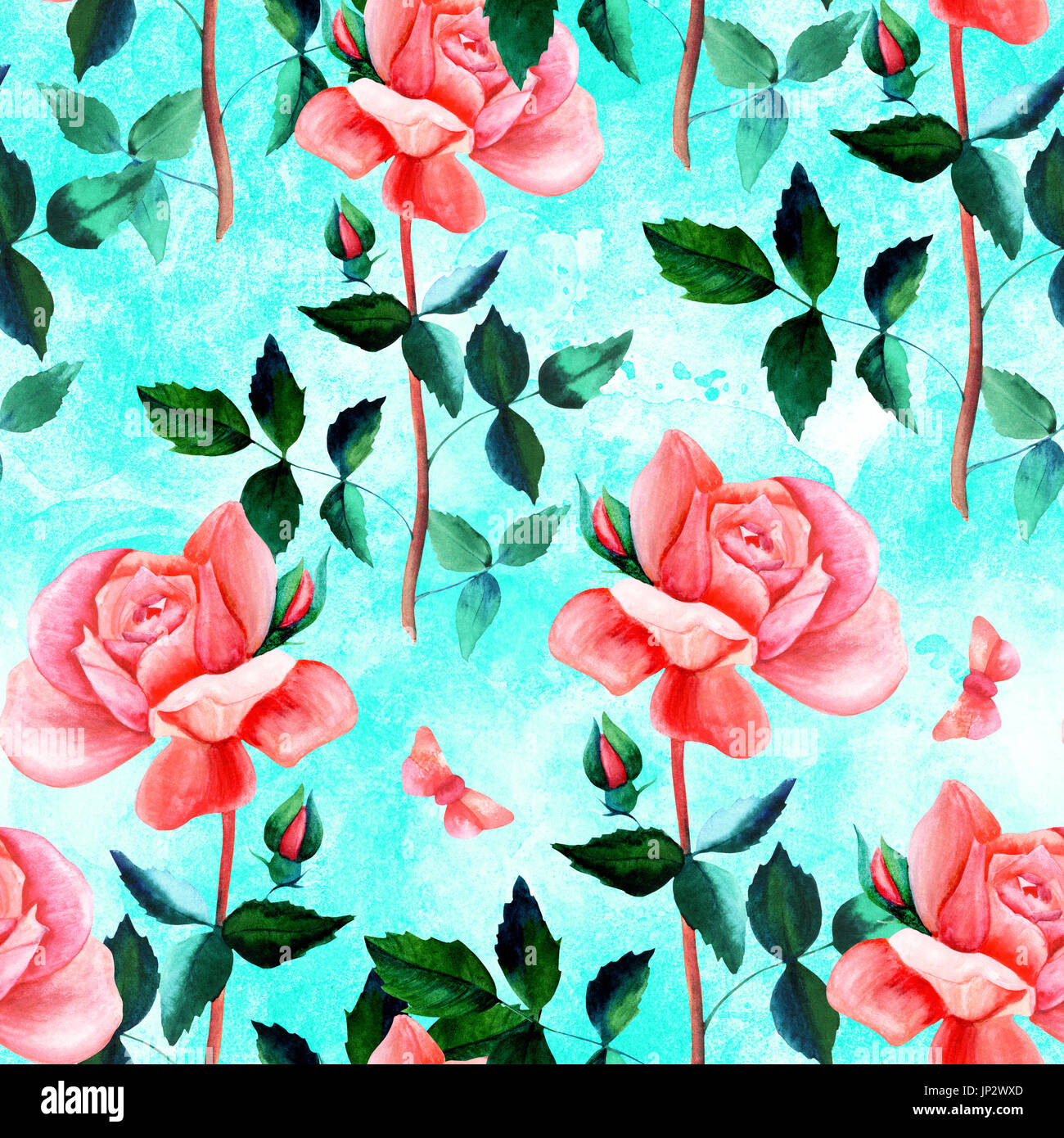 Eine nahtlose Hintergrundmuster mit einer Aquarell Zeichnung von einer roten rose Blume und Schmetterling, auf blau blaugrün, bemalte Hand im Stil des Vintage botan Stockfoto