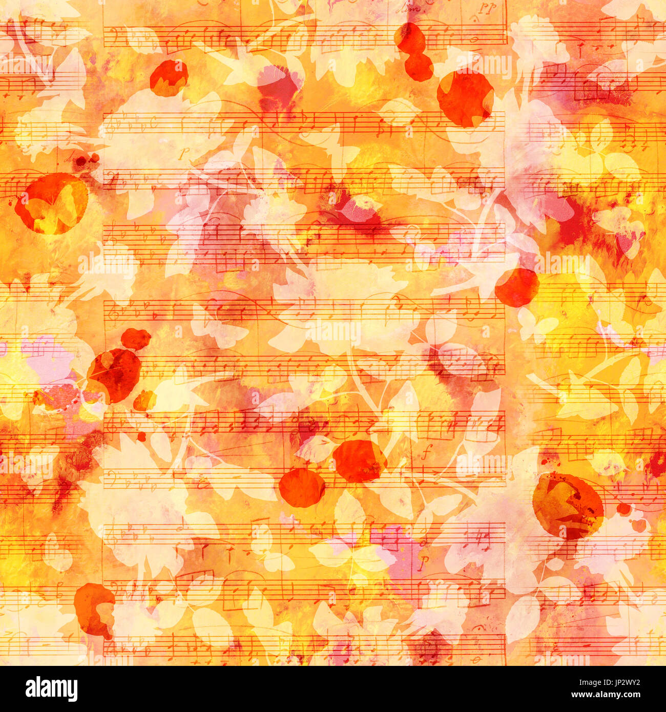Nahtlose Hintergrundmuster mit rot, gelb und orange malerische Pinselstriche und die Silhouetten der Schmetterlinge und Rosen. Eine abstrakte Vintage-Stil-r Stockfoto