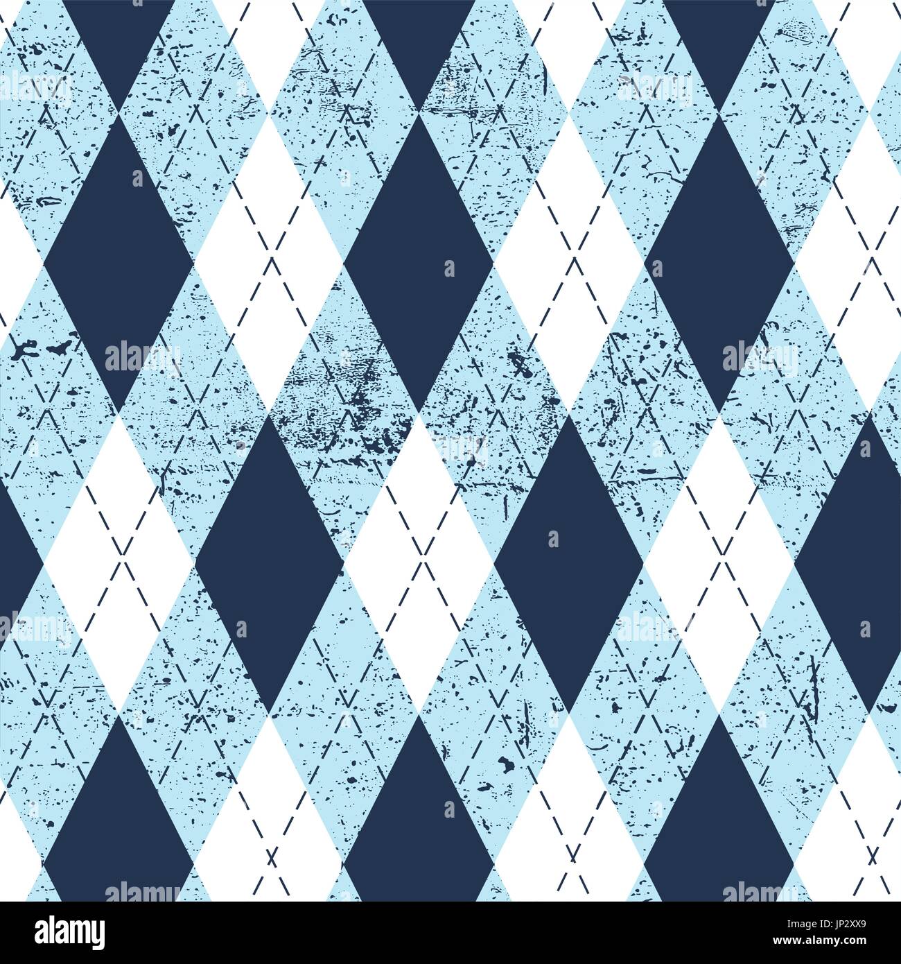Nahtlose Argyle im Alter Muster. Traditionelle Diamant Check print in moderaten blau, zartes Blau und weiß mit schwarzen Stich und Grunge Texturen. Grunge vinta Stock Vektor