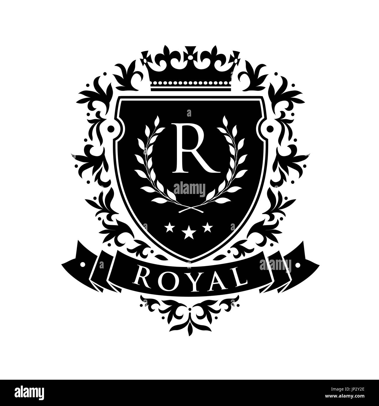 Royal. Wappentier Schild mit Krone und Lorbeer Kranz. Mantel Arme Vintage Marke Crest Wappentier Schild. Vektor-illustration Stock Vektor