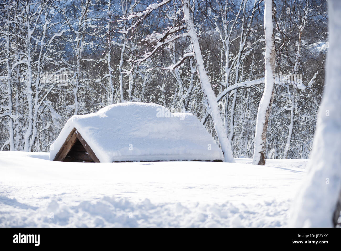 Kleines Gebäude abgedeckt im Schnee Stockfoto