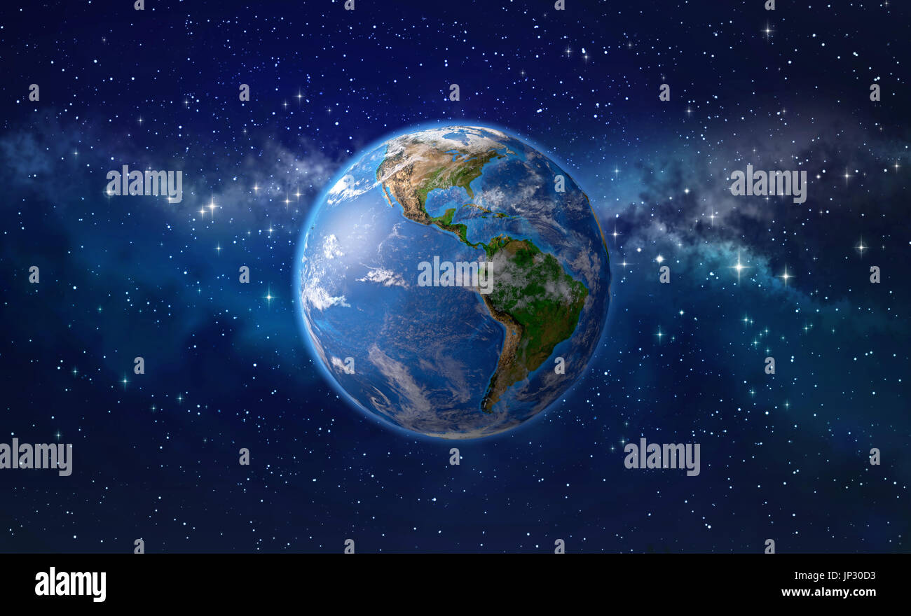 Planetenerde konzentrierte sich auf Amerika, Sternhaufen und Nebel im Weltraum. 3D Illustration - Elemente dieses Bildes, eingerichtet von der NASA Stockfoto