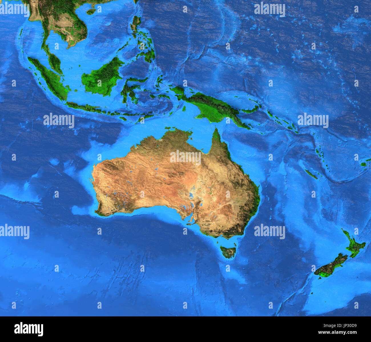 Oceania Karte - Australien, Polynesien, Melanesien, Mikronesien Region. Detailansicht Satelliten die Erde und die Landschaftsformen. Elemente dieser Bild-Pelz Stockfoto