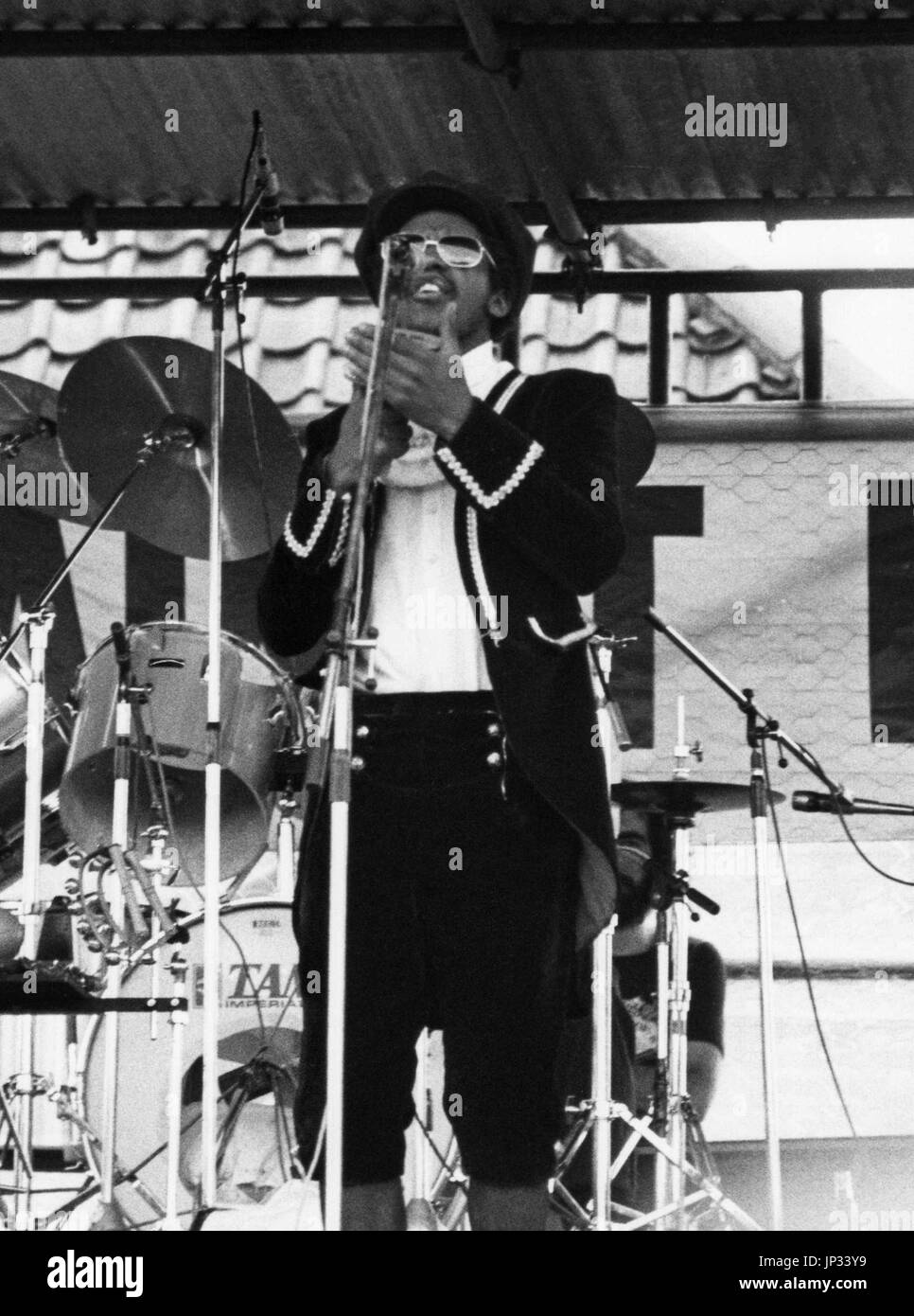 Britischen Roots-Reggae-Band Steel Pulse führen Sie live auf der Bühne auf dem Rock Against Racism-Festival im Victoria Park, London, England am 30. April 1978. Stockfoto