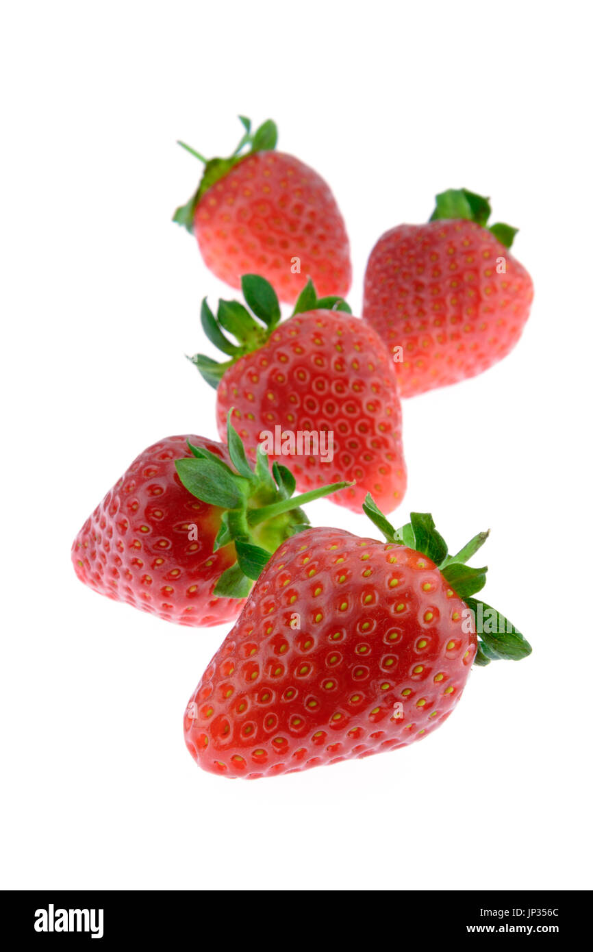 Fünf frische Erdbeeren auf weißem Hintergrund isoliert Stockfoto