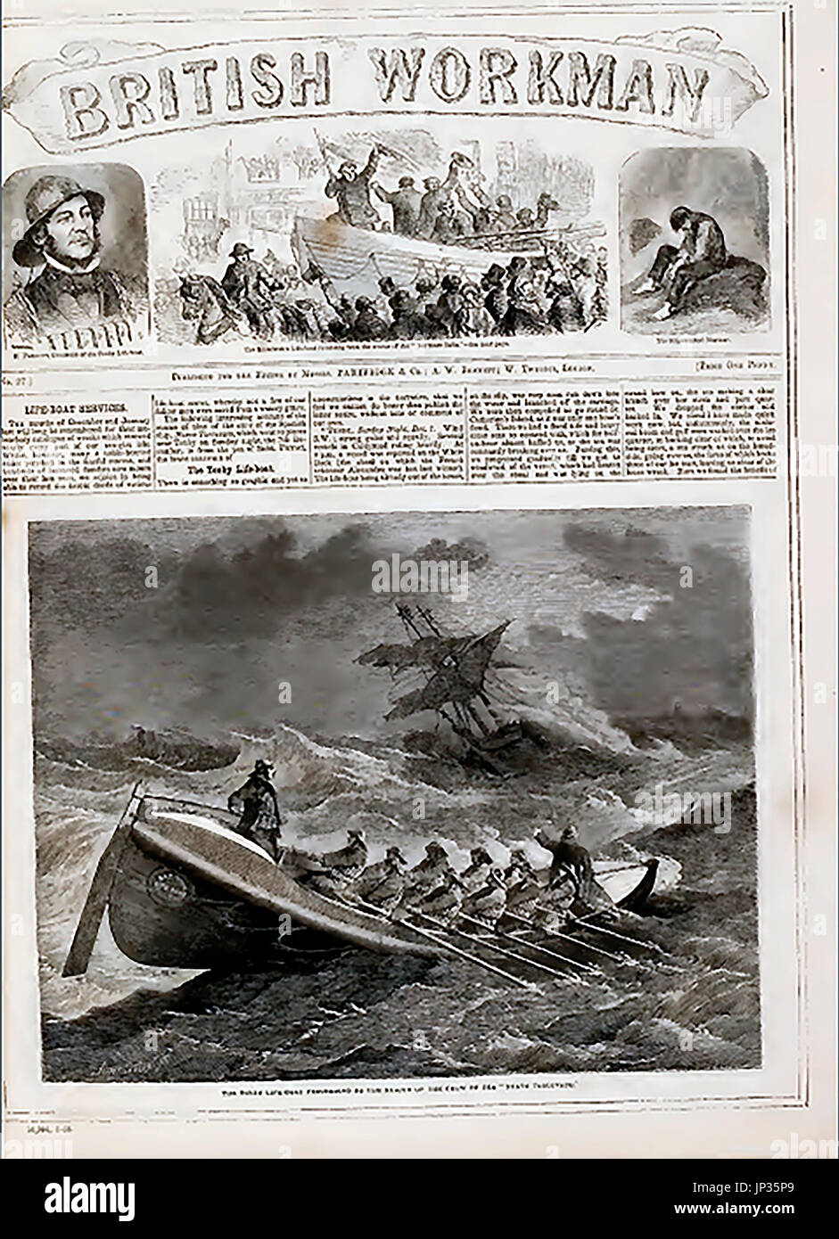 Rettungsboot-Artikel auf der Titelseite des Magazins viktorianische British Workman (Pub. Rebhuhn & Co, London) 1864 Stockfoto