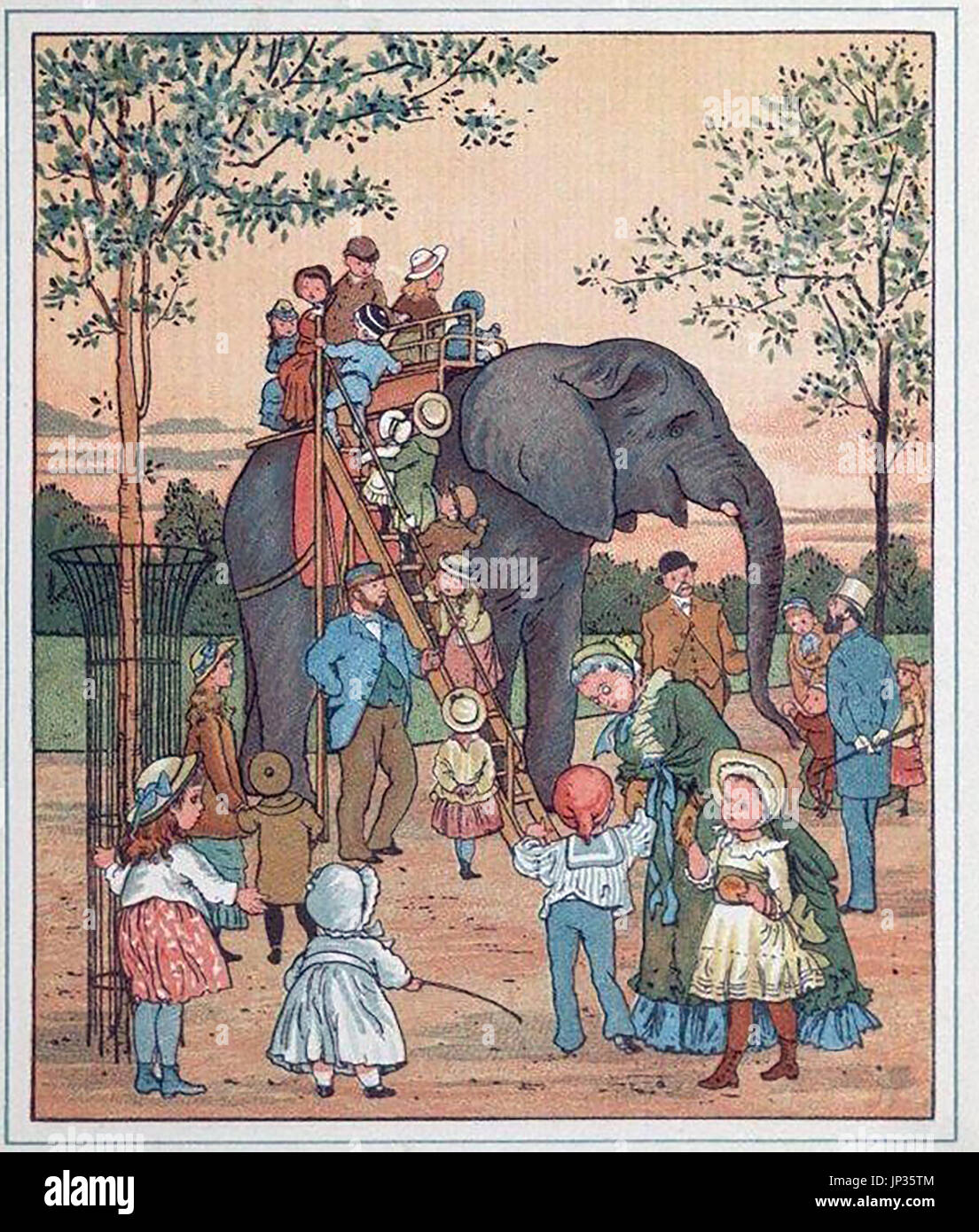 Viktorianischen farbige Darstellung von Kindern, die Schlange für die Elefanten reitet im Londoner Zoo Stockfoto
