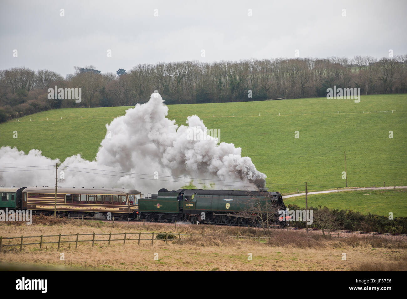 Ein Dampfzug auf der Swanage Railway. Stockfoto