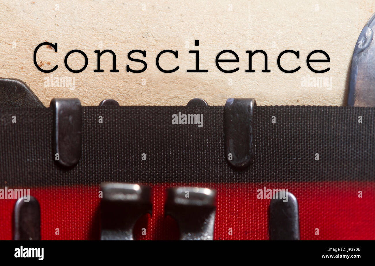 Gewissen auf einem alten Vintage Papier mit Od Schreibmaschinenschrift getippt. Stockfoto