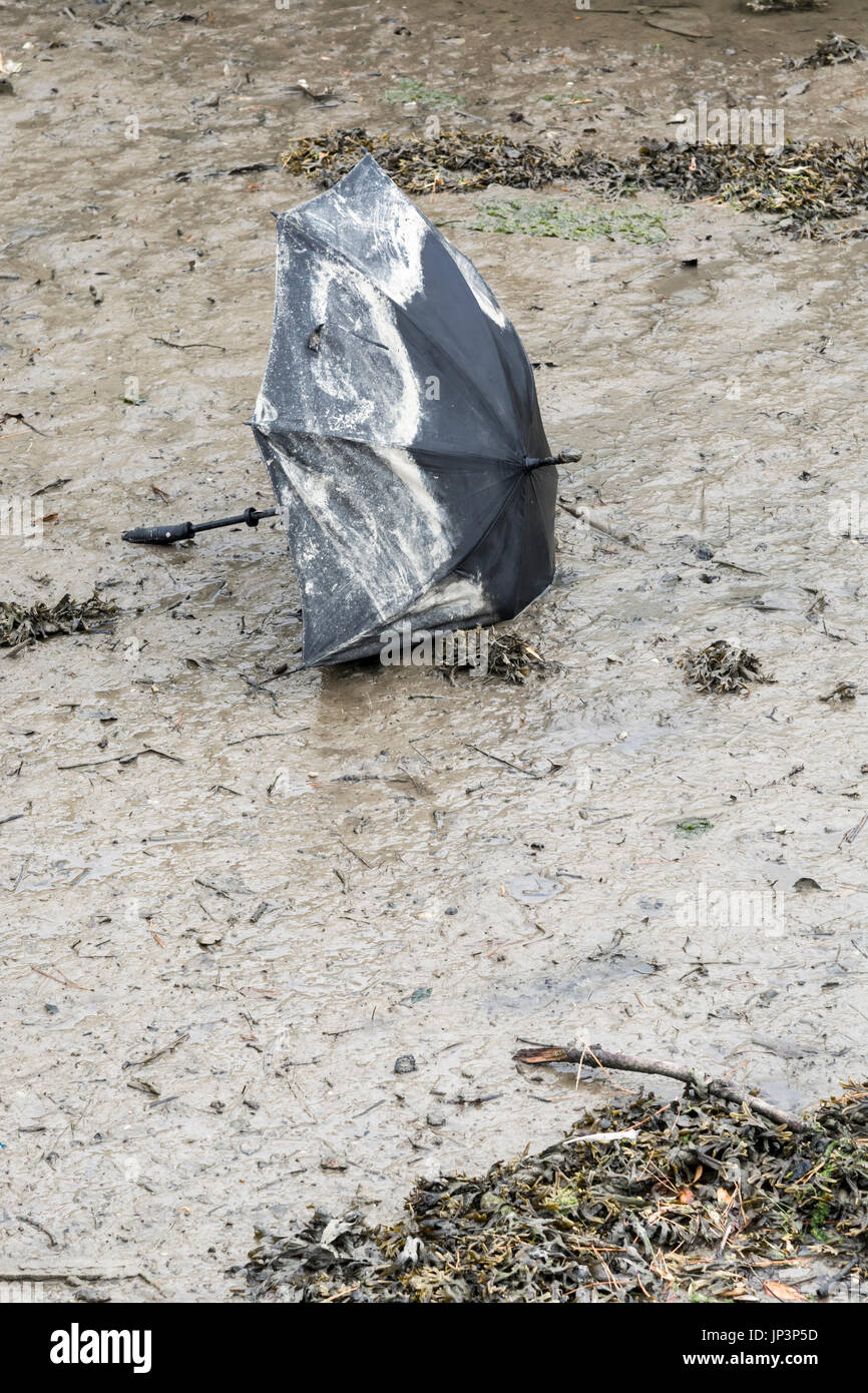 Verloren Regenschirm auf dem schlammigen Ufer des Flusses in Truro, Cornwall. Vielleicht Metapher für nationale Dachorganisation Tag. Stockfoto