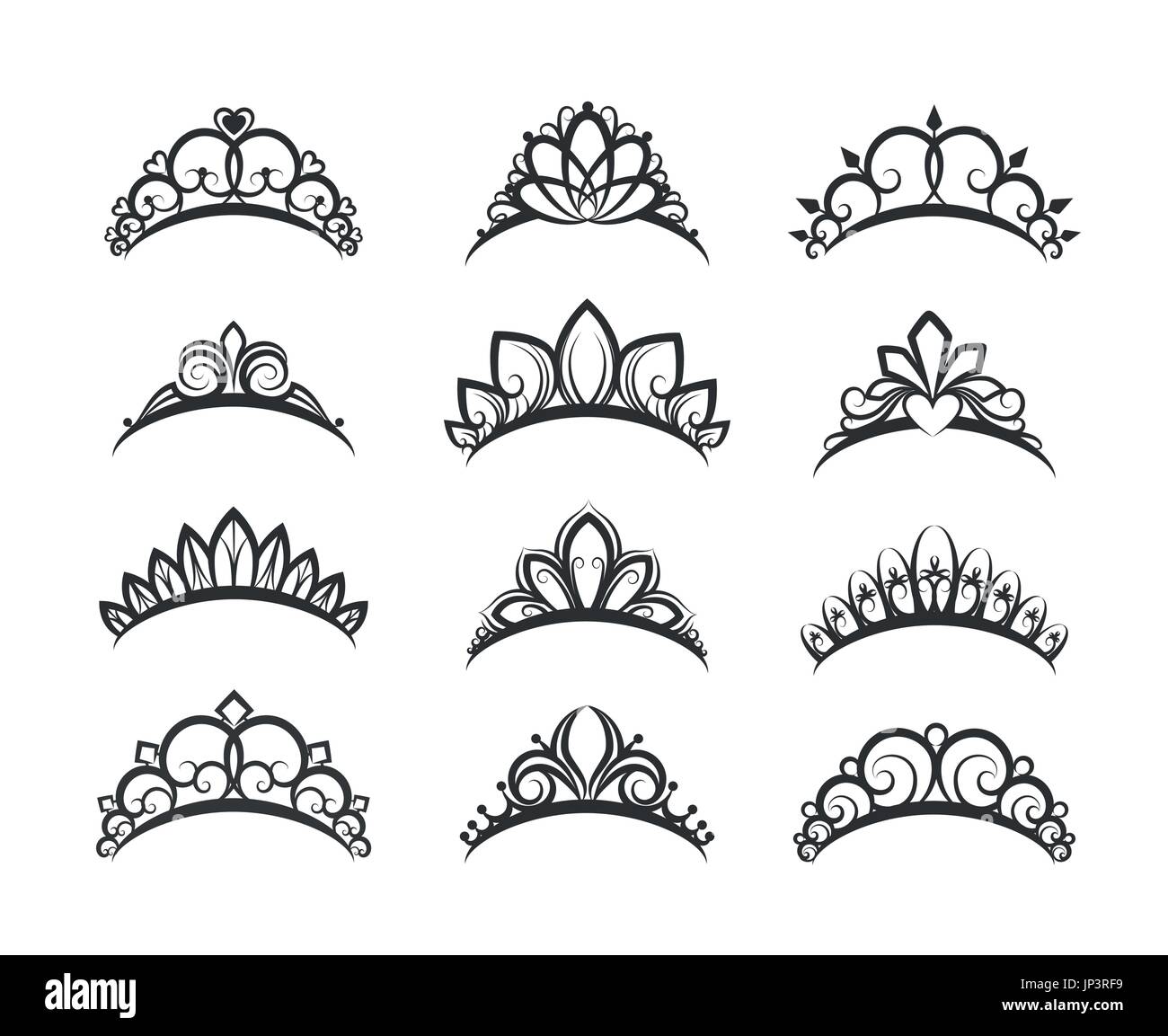 Vektor-Tiara-Set. Schöne Königin Diademe oder Prinzessin Krone Silhouetten für Hochzeitskarten und Vignetten Stock Vektor