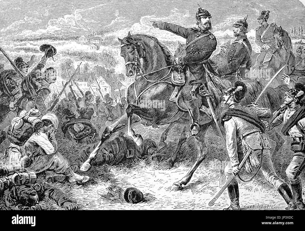 Der Kronprinz in der Schlacht Woerth am 6. August 1870, auch bekannt als die Schlacht von Reichshoffen oder als die Schlacht von Froschwiller, in der Nähe von Truppen aus Deutschland, die unter dem Kommando von Kronprinz Frederick Dorf Woerth im Elsass, Frankreich, digital verbesserte Wiedergabe einer Holzschnitt-Publikation aus dem Jahr 1888 Stockfoto