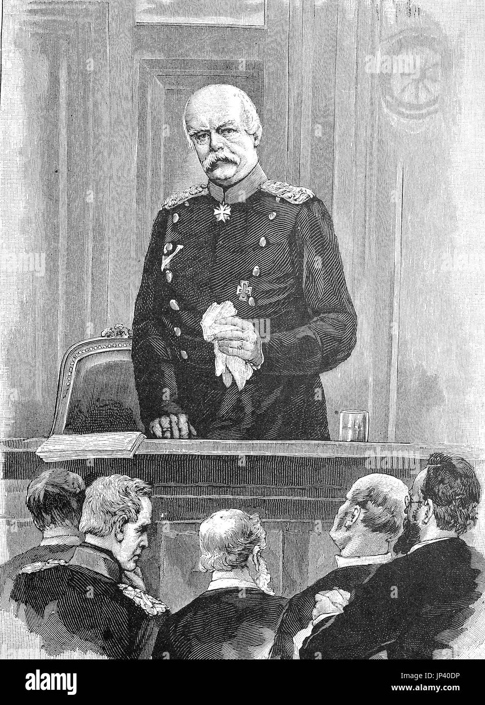 Otto Eduard Leopold von Bismarck-Schoenhausen, war 1. April 1815 - 30. Juli 1898, deutscher Politiker und Staatsmann. Er kündigte in der Sitzung im Reichstag von 9. März die letzten Erlass von Kaiser Wilhelm I., digital verbesserte Wiedergabe einer Holzschnitt-Publikation aus dem Jahr 1888 Stockfoto