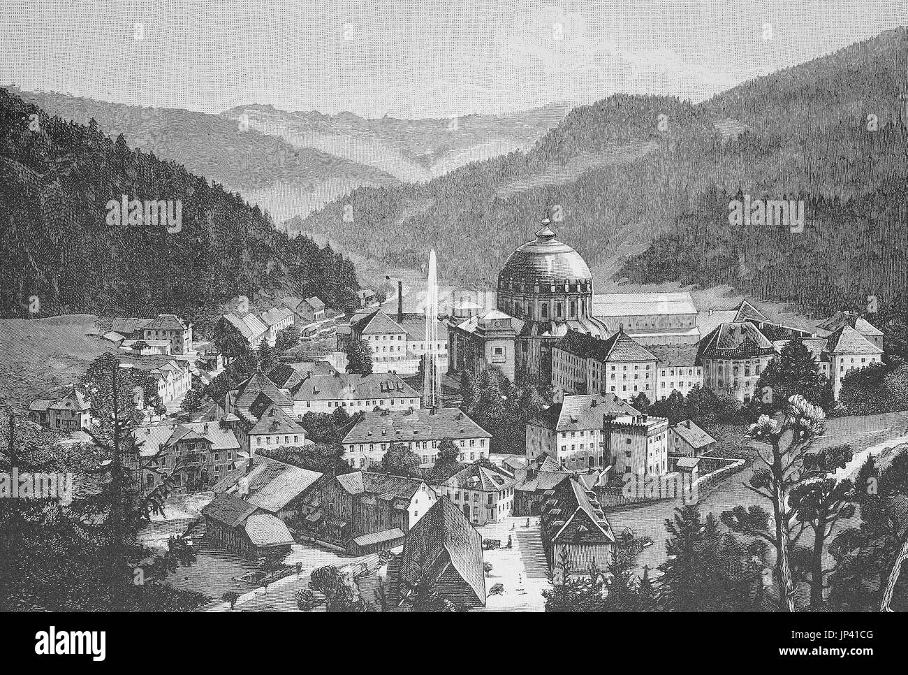 Blick auf St. Blasien mit dem Kloster und der Kathedrale St. Blasius in den Schwarzwald, Deutschland, digital verbesserte Wiedergabe einer Holzschnitt-Publikation aus dem Jahr 1888 Stockfoto