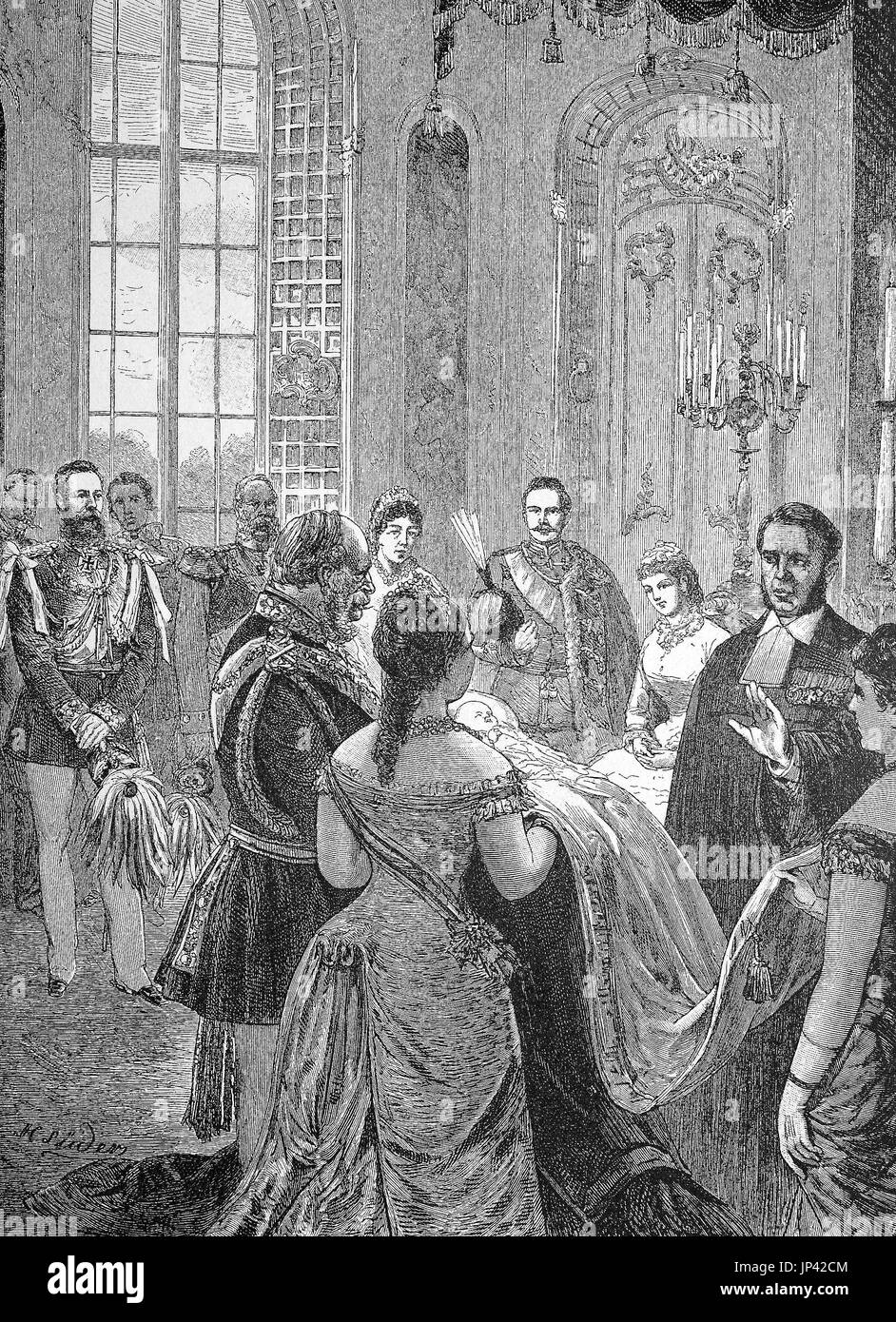 Die Taufe von Prinz Friedrich Wilhelm, Kronprinz, im Marmor-Palast in Potsdam, 11. Juni 1882, Deutschland, verbesserte digitale Reproduktion einer Holzschnitt-Publikation aus dem Jahr 1888 Stockfoto