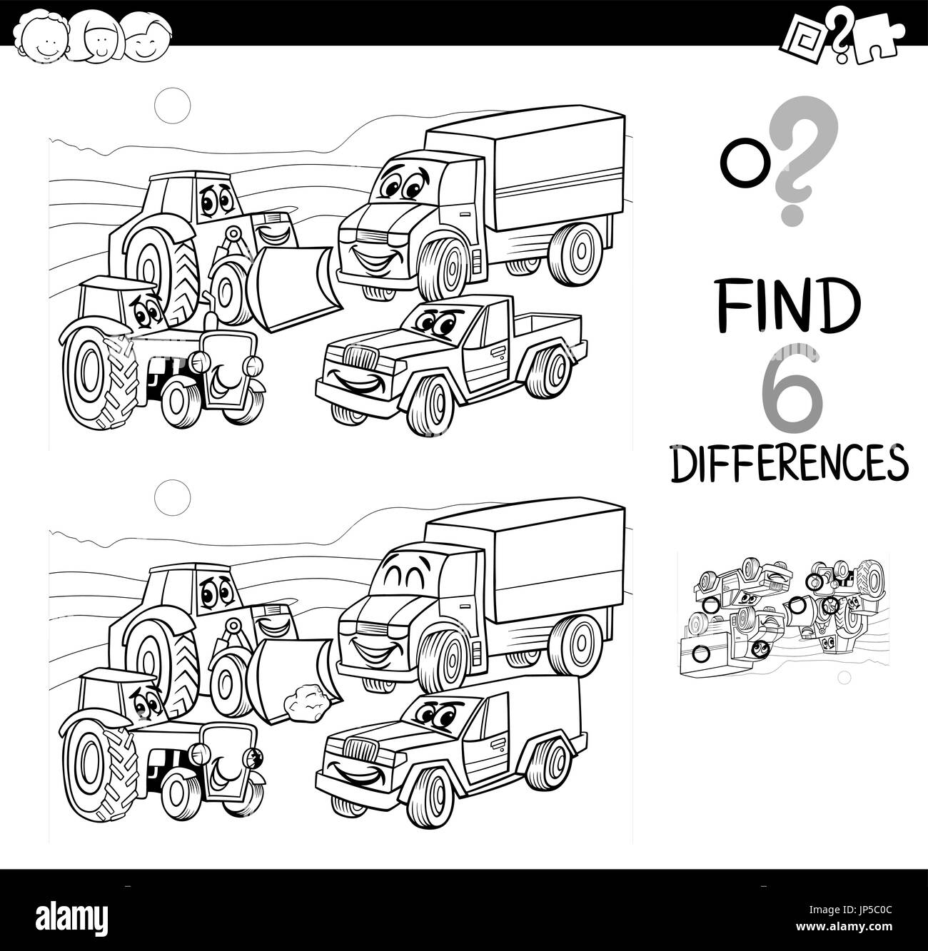 Schwarz / Weiß Cartoon Illustration der vor Ort die Unterschiede-Lernspiel für Kinder mit Autos und Zeichen Transportgruppe Malvorlagen Stock Vektor