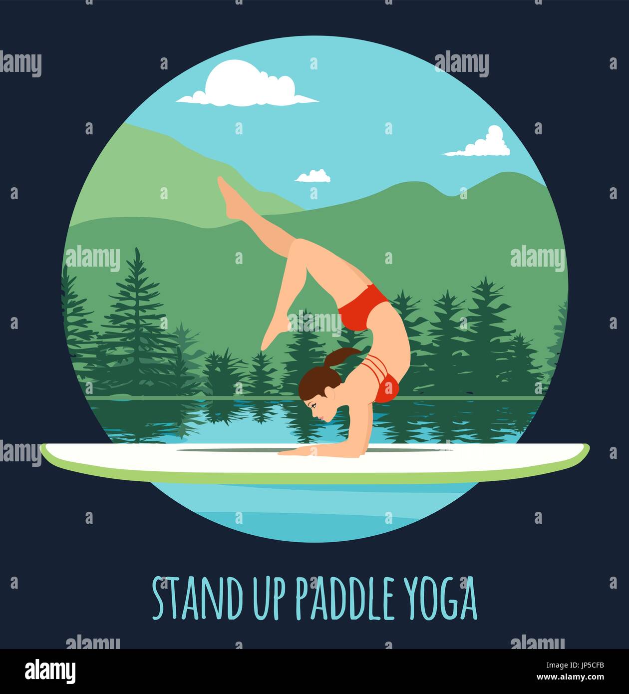 Frau am See Berglandschaft Stand Up Paddle Yoga Training Stand Up Paddling Yoga am Paddle Board auf dem Wasser zu tun Stock Vektor