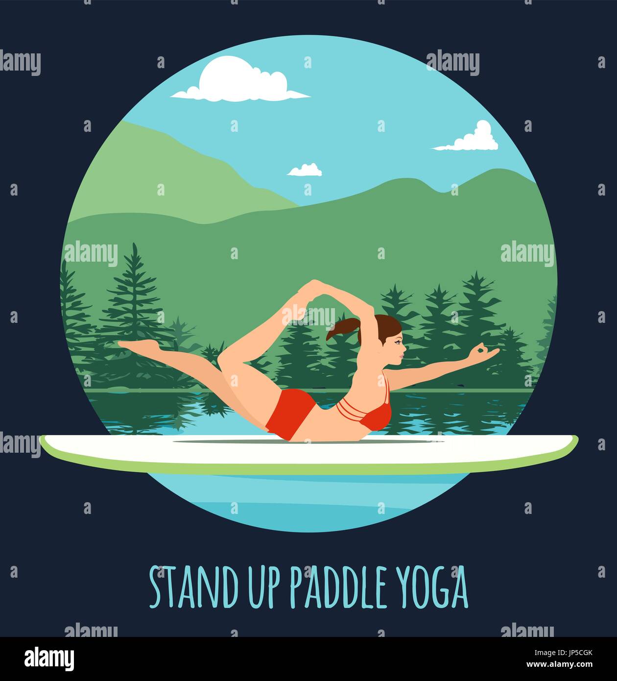Frau am See Berglandschaft Stand Up Paddle Yoga Training Stand Up Paddling Yoga am Paddle Board auf dem Wasser zu tun Stock Vektor