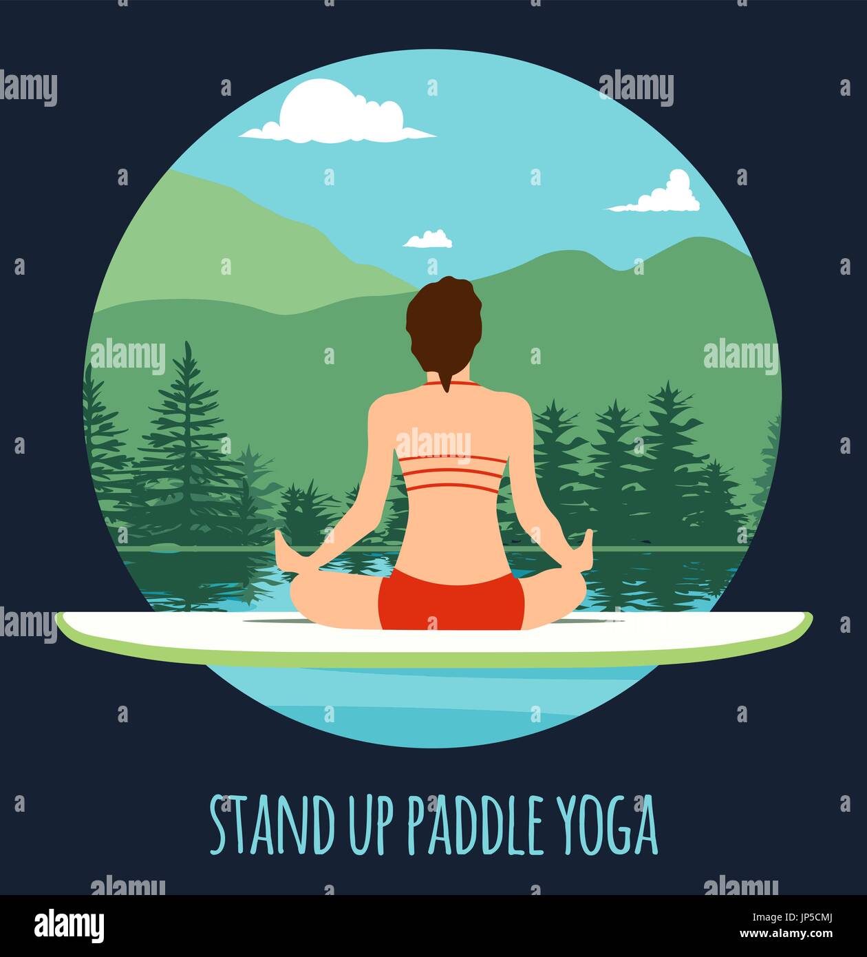 Frau am See Berglandschaft Stand Up Paddle Yoga Training Stand Up Paddling Yoga am Paddle Board auf dem Wasser zu tun Stock Vektor