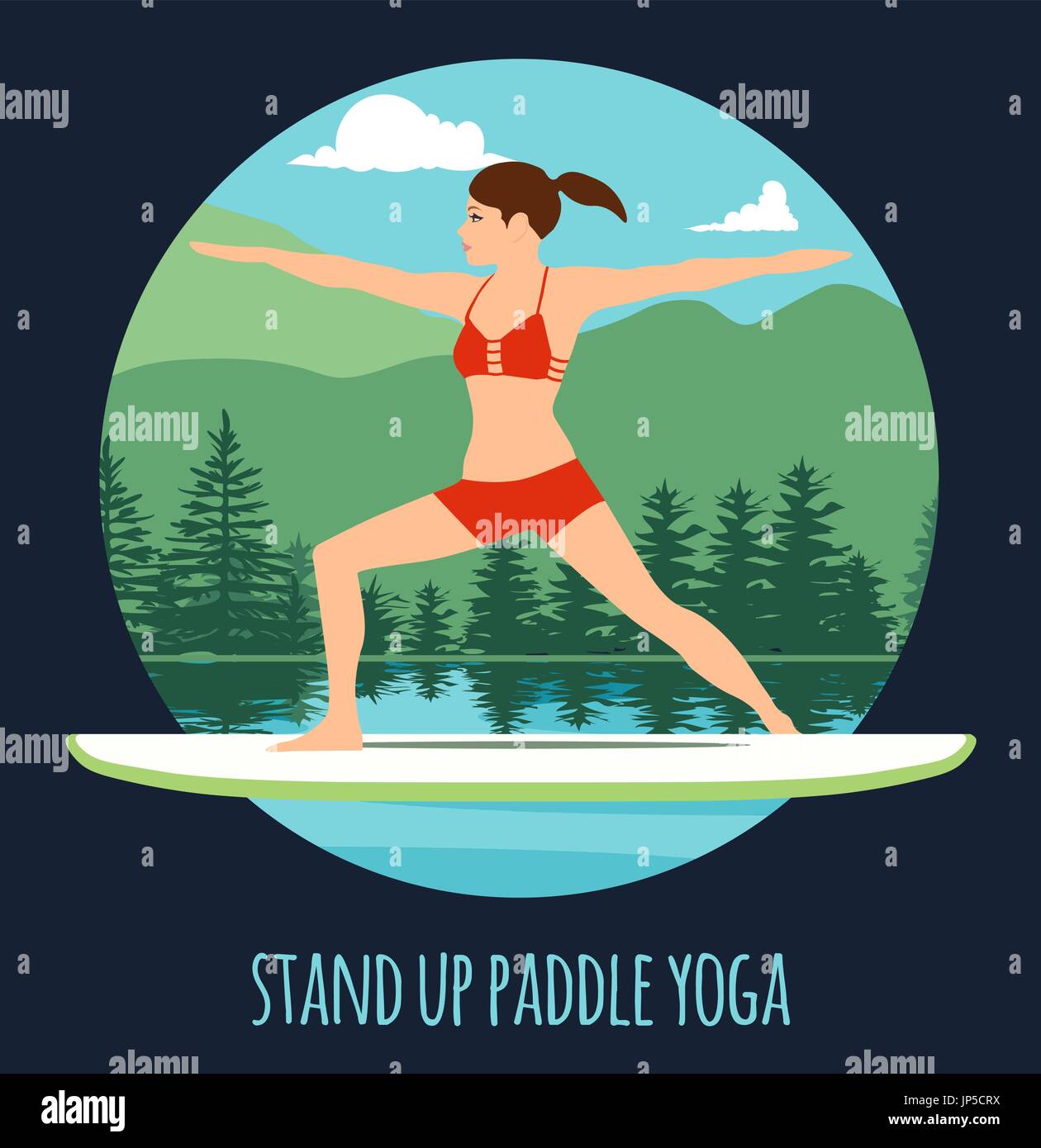 Frau am See Berglandschaft Stand Up Paddle Yoga Training Stand Up Paddling Yoga am Paddle Board auf dem Wasser zu tun Stock Vektor