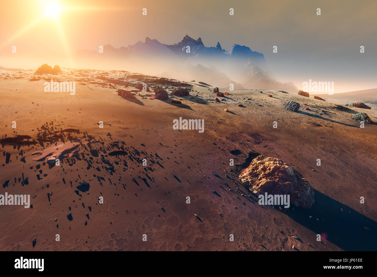 Planet Mars Landschaft, Sonnenuntergang, Berge und Felsen verstreuten Meteorit, 3D-Illustration Stockfoto