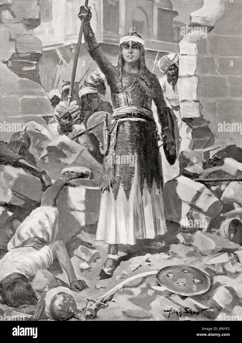 Prinzessin Chand Bibi verteidigt erfolgreich die Ahmadnagar Festung gegen die Mughal Kaiser Akbar 1595.  Chand Bibi, 1550 – 1599.  Indischer Muslim Regent und Krieger.  Nach dem Gemälde von Allan Stewart, (1865-1951).  Hutchinson Geschichte der Nationen veröffentlichte 1915. Stockfoto