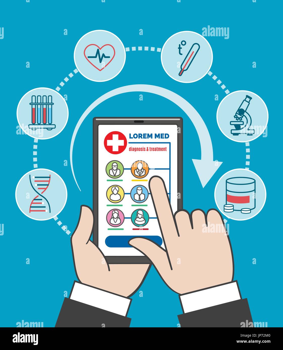 Smartphone-Fernbedienung medizinische Versorgung-Vektor-Illustration. Menschen Mobiltelefon Gesundheitswesen und medizinische Beratung. Ärzte auf Bildschirm des Geräts Stock Vektor