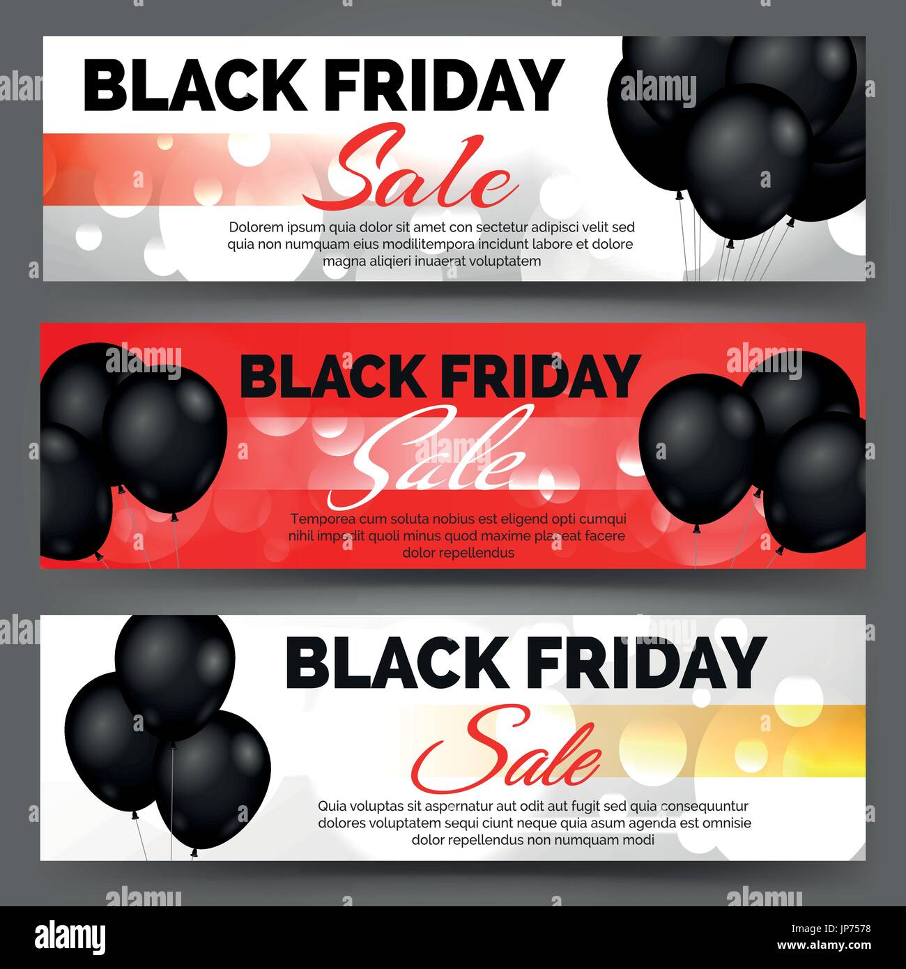 Vektor schwarzen Banner Freitag horizontale mit schwarzen Ballons und Bokeh Lichter für Restposten Stock Vektor