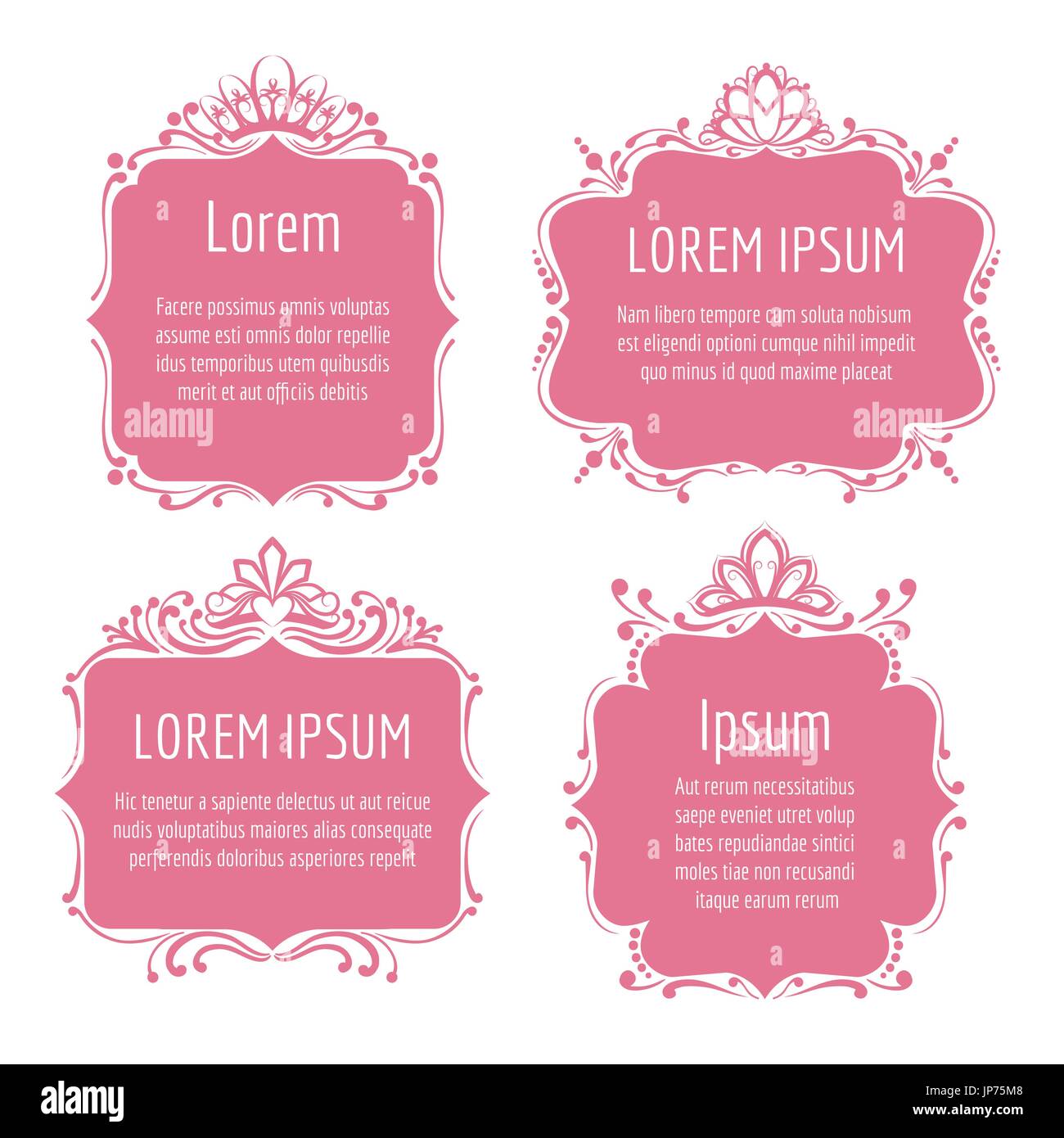 Schöne rosa Ränder mit Königin Diademe oder Frames mit Prinzessin Kronen isoliert auf weiss für kleine Mädchen Geburtstagseinladung oder Hochzeitskarte Stock Vektor