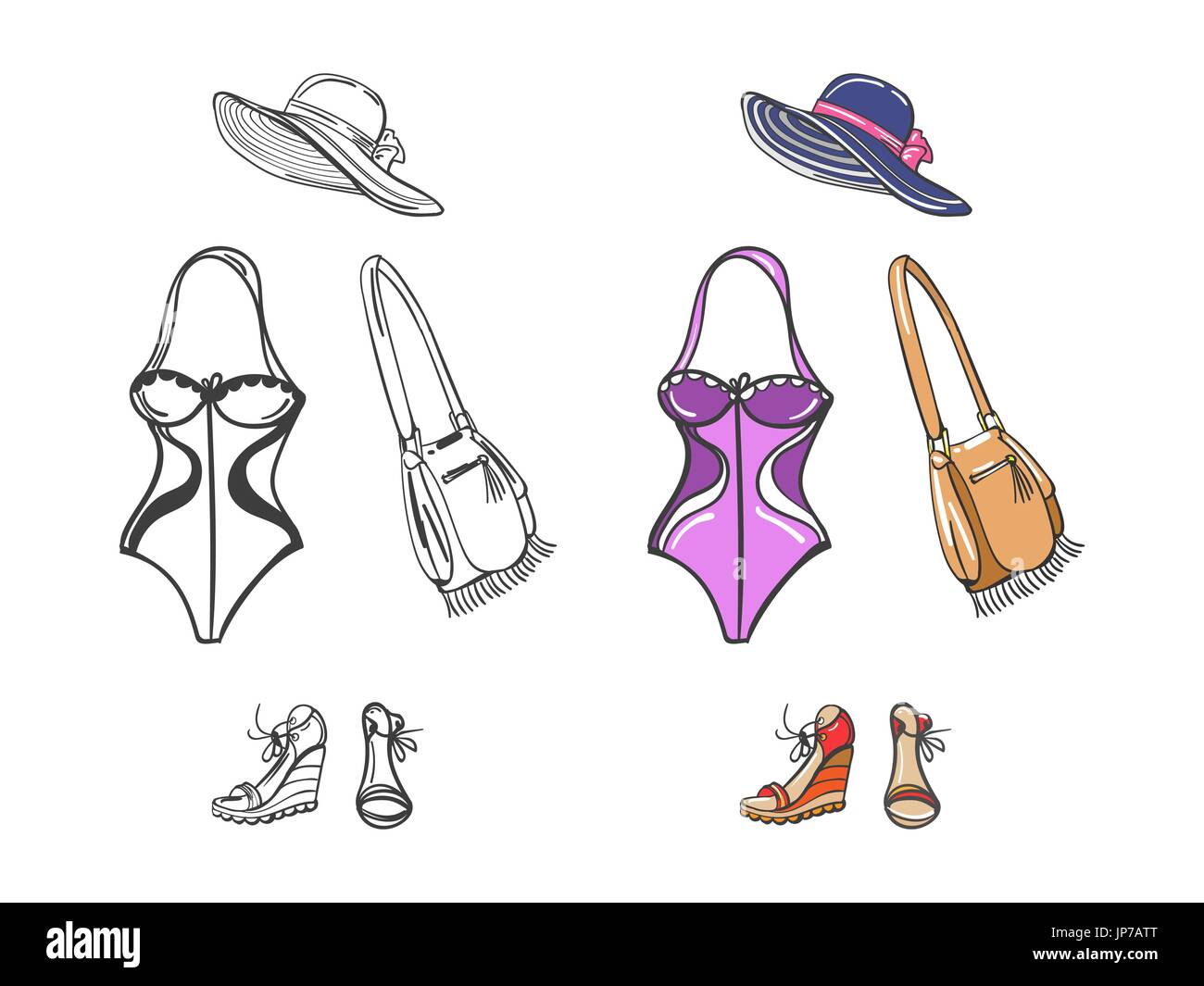 Mode-Strand-Look für Mädchen. Bademode, Schuhe, Hut und Tasche bunt und Silhouetten. Vektor-illustration Stock Vektor