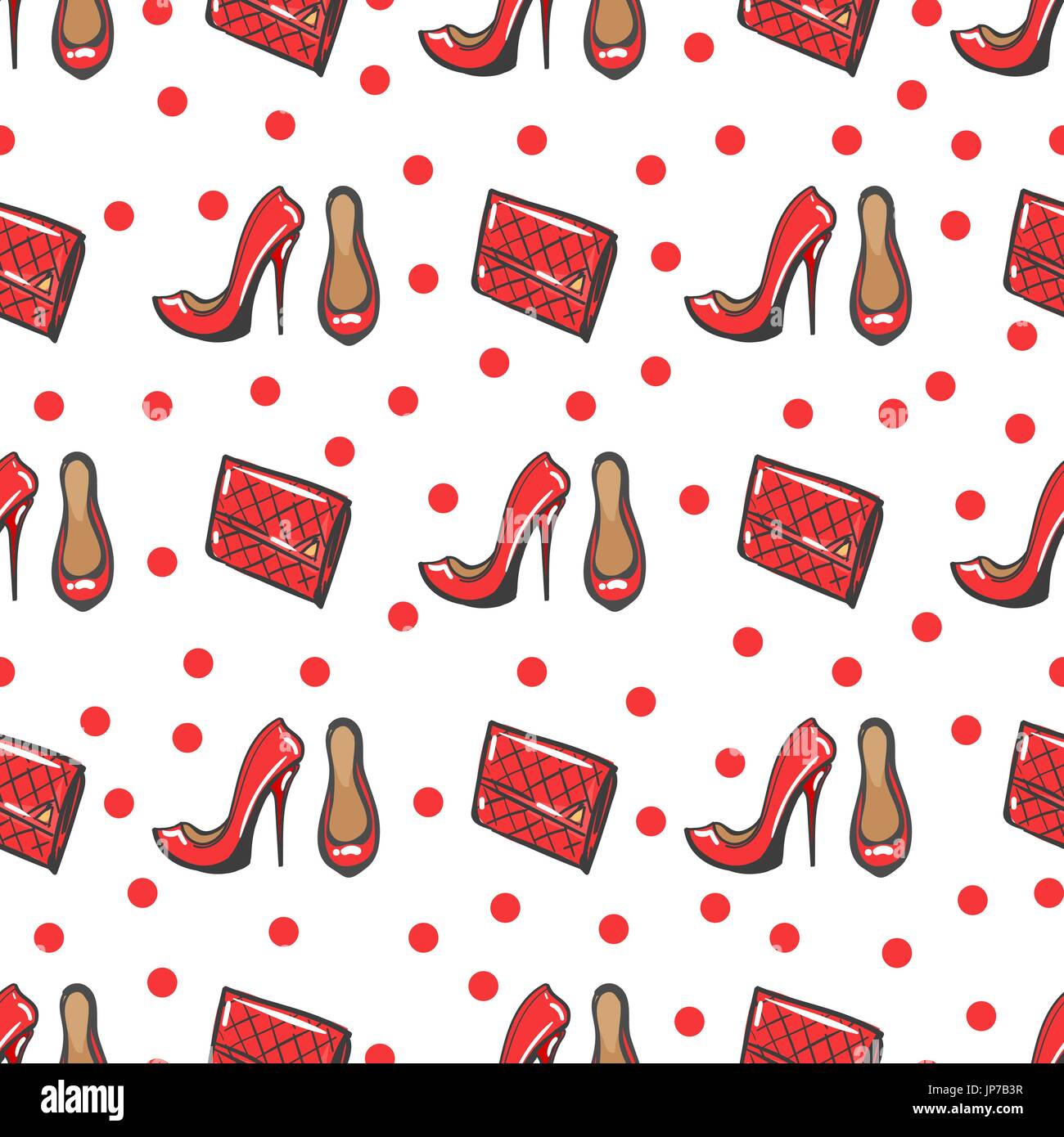 Nahtlose Muster Mode mit roten stilvolle Schuhe und Clutch auf Polka Dots Hintergrund Stock Vektor