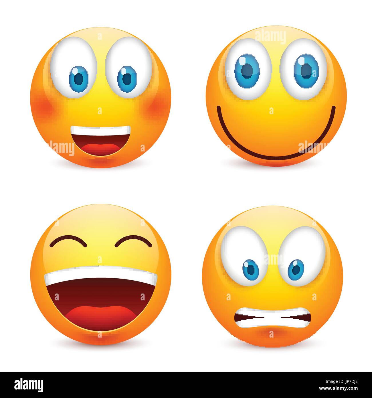 Smiley mit blauen Augen, Emoticon-Satz. Gelbes Gesicht mit Emotionen. Gesichtsausdruck. 3D realistisch Emoji. Traurig, glücklich, wütend Gesichter. Lustige Comic-Figur. Mood.Vector Abbildung. Stock Vektor