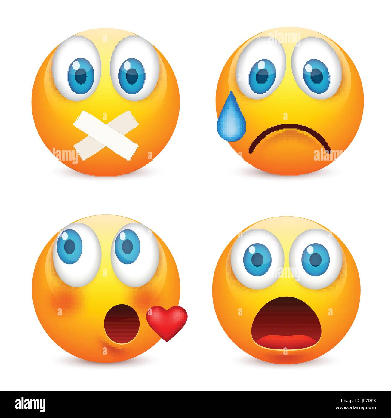 Smiley mit blauen Augen, Emoticon-Satz. Gelbes Gesicht mit Emotionen. Gesichtsausdruck. 3D realistisch Emoji. Traurig, glücklich, wütend Gesichter. Lustige Comic-Figur. Mood.Vector Abbildung. Stock Vektor