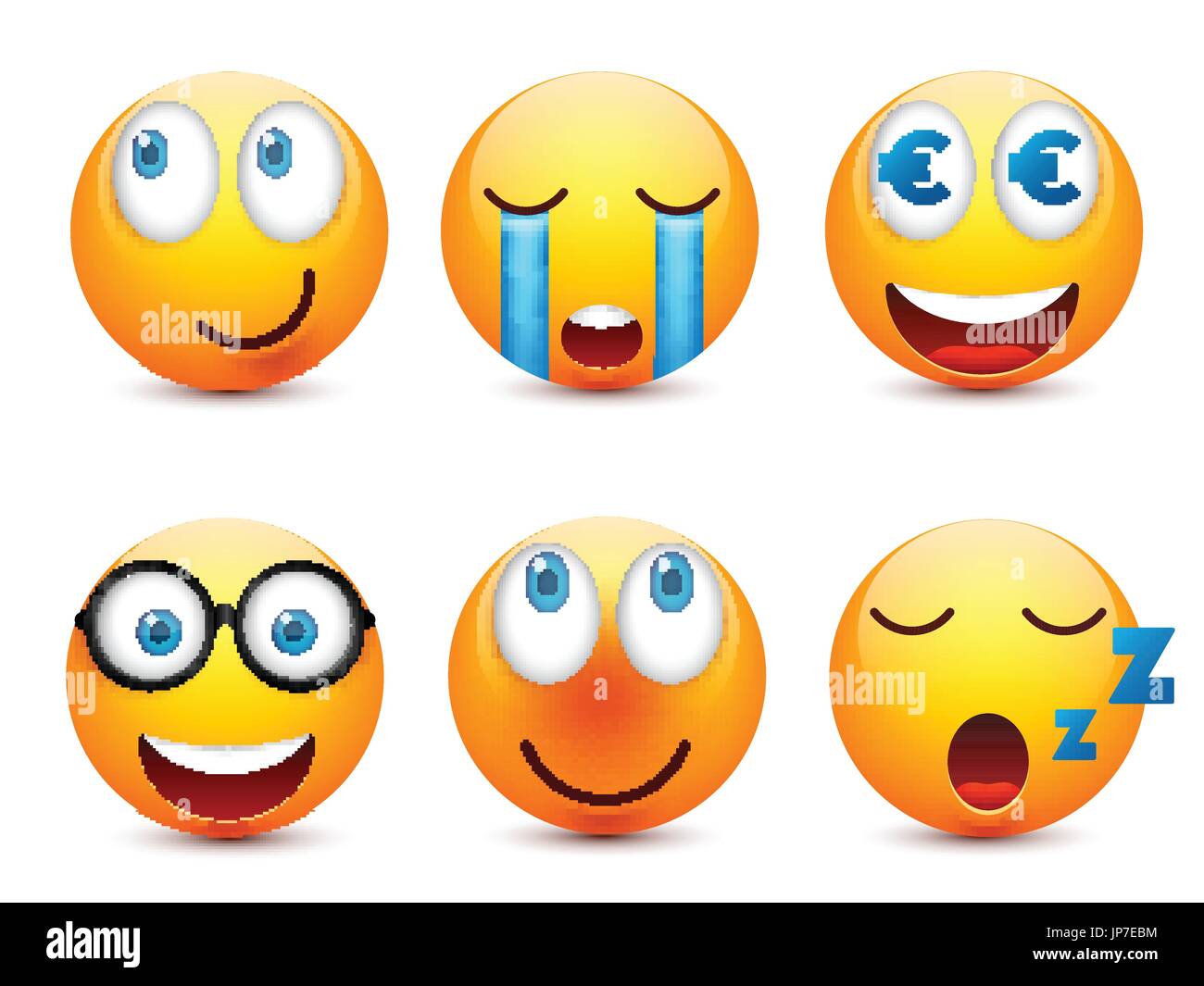 Smiley mit blauen Augen, Emoticon-Satz. Gelbes Gesicht mit Emotionen. Gesichtsausdruck. 3D realistisch Emoji. Traurig, glücklich, wütend Gesichter. Lustige Comic-Figur. Mood.Vector Abbildung. Stock Vektor