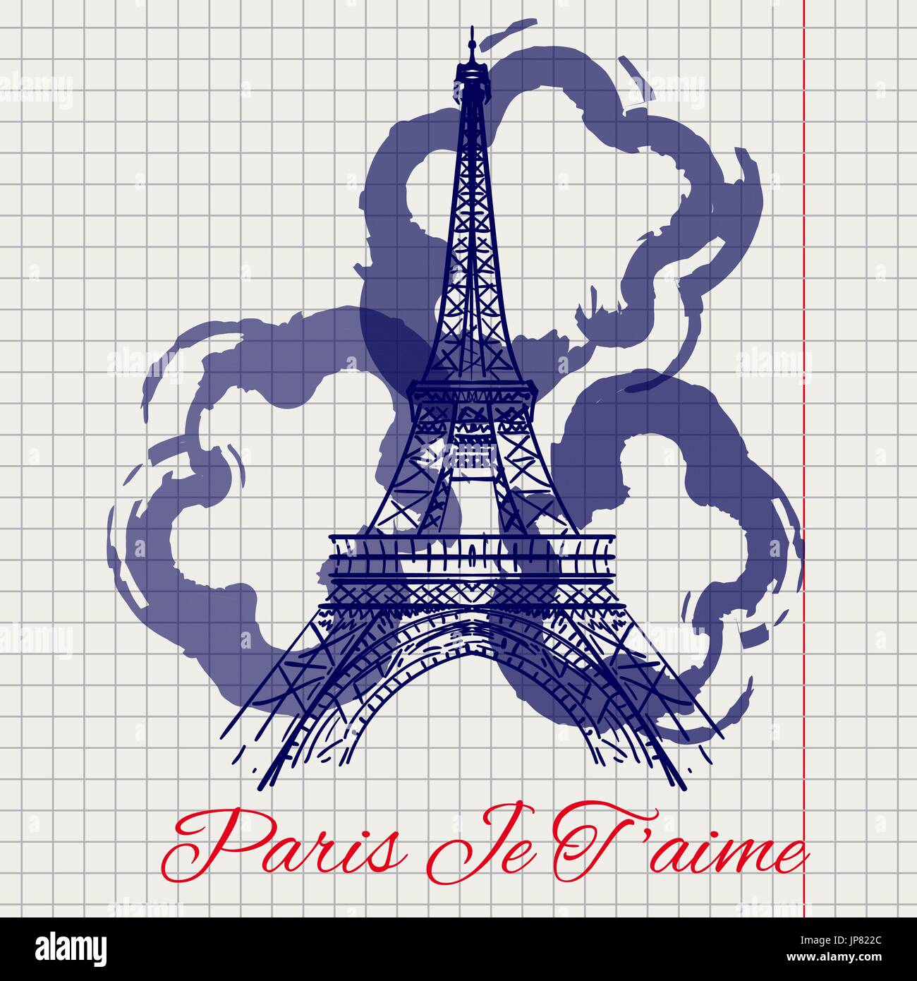Ich liebe dich Paris Skizzieren auf Notizblockseite mit Eiffelturm und abstrakten Blumen. Vektor-illustration Stock Vektor