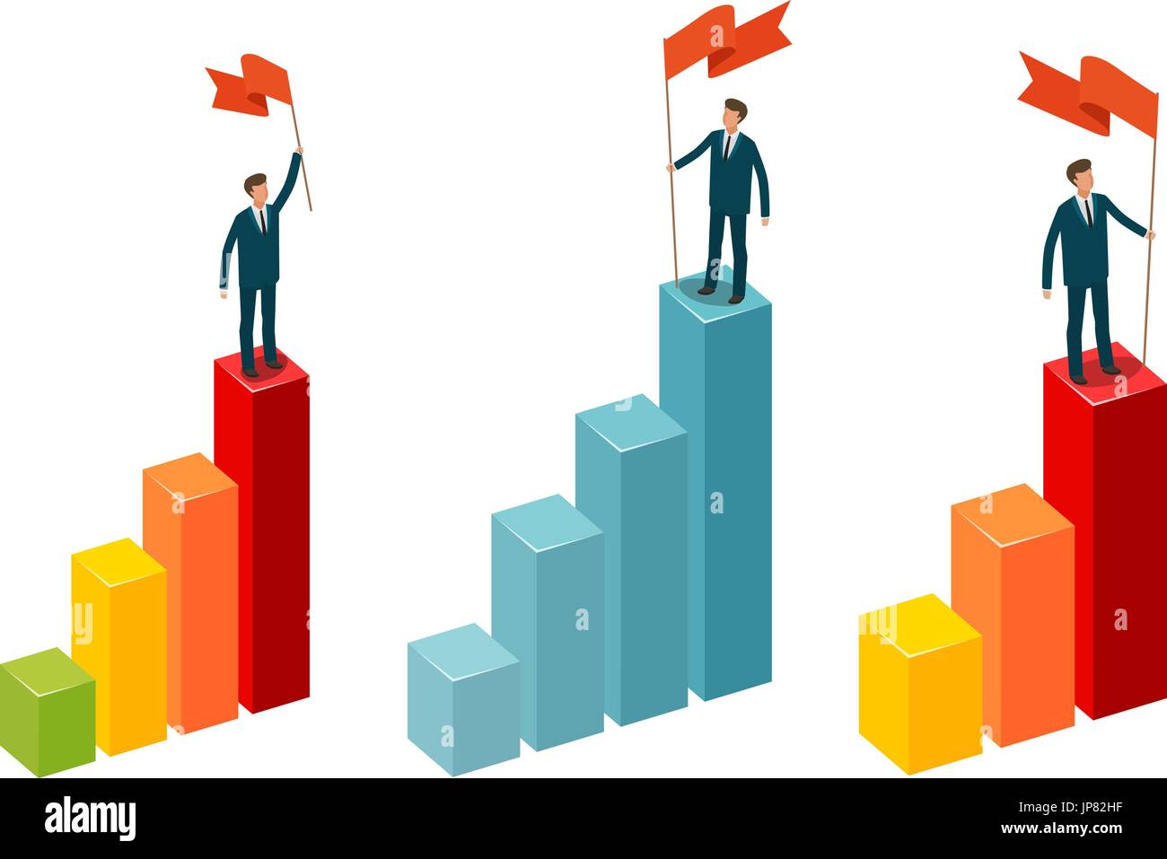 Geschäftsmann mit Flagge steht an der Spitze. Business-Konzept. Infografik-Vektor-Illustration isoliert auf weißem Hintergrund Stock Vektor