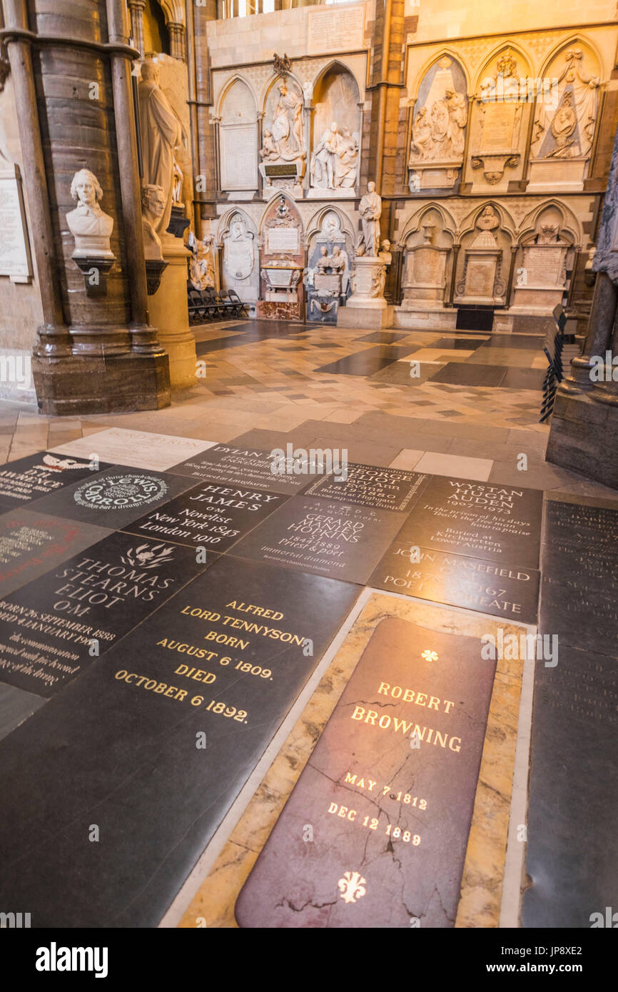 England, London, Westminster Abbey, Poets Corner, Gedenksteine, berühmter Schriftsteller Stockfoto