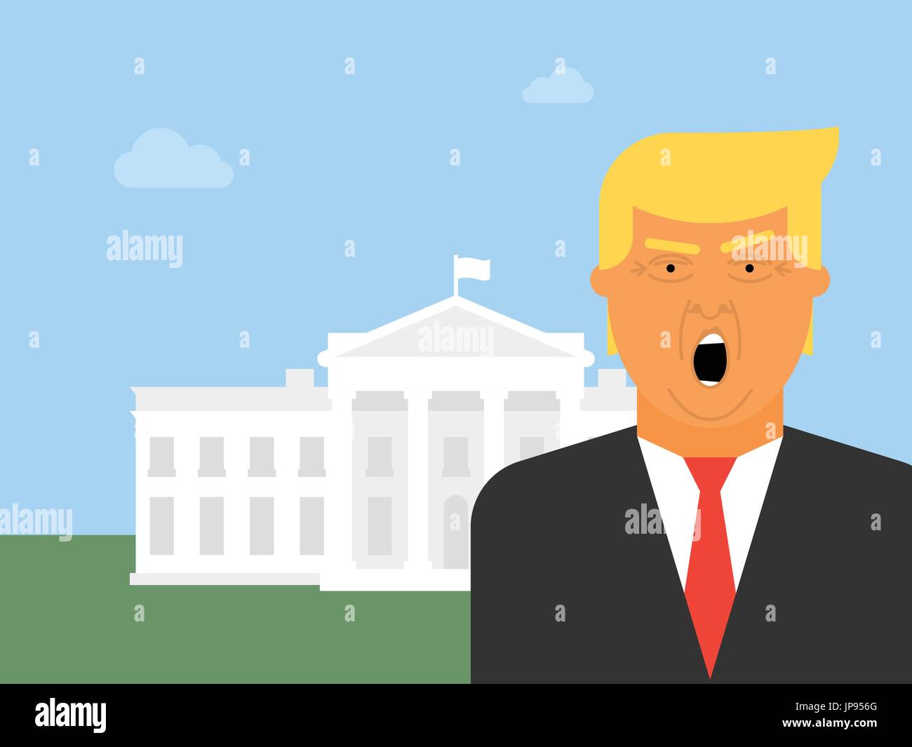 Donald Trump Vektor Icon. Flache Darstellung des Präsidenten der Vereinigten Staaten mit dem weißen Haus im Hintergrund. Stock Vektor