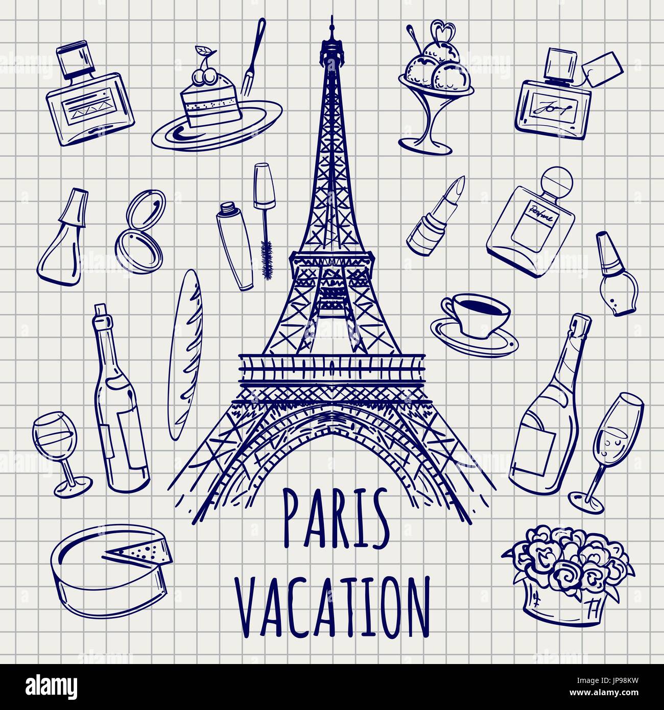 Paris oder Frankreich Symbole Skizzieren auf Notebook Hintergrund, Vektor-illustration Stock Vektor