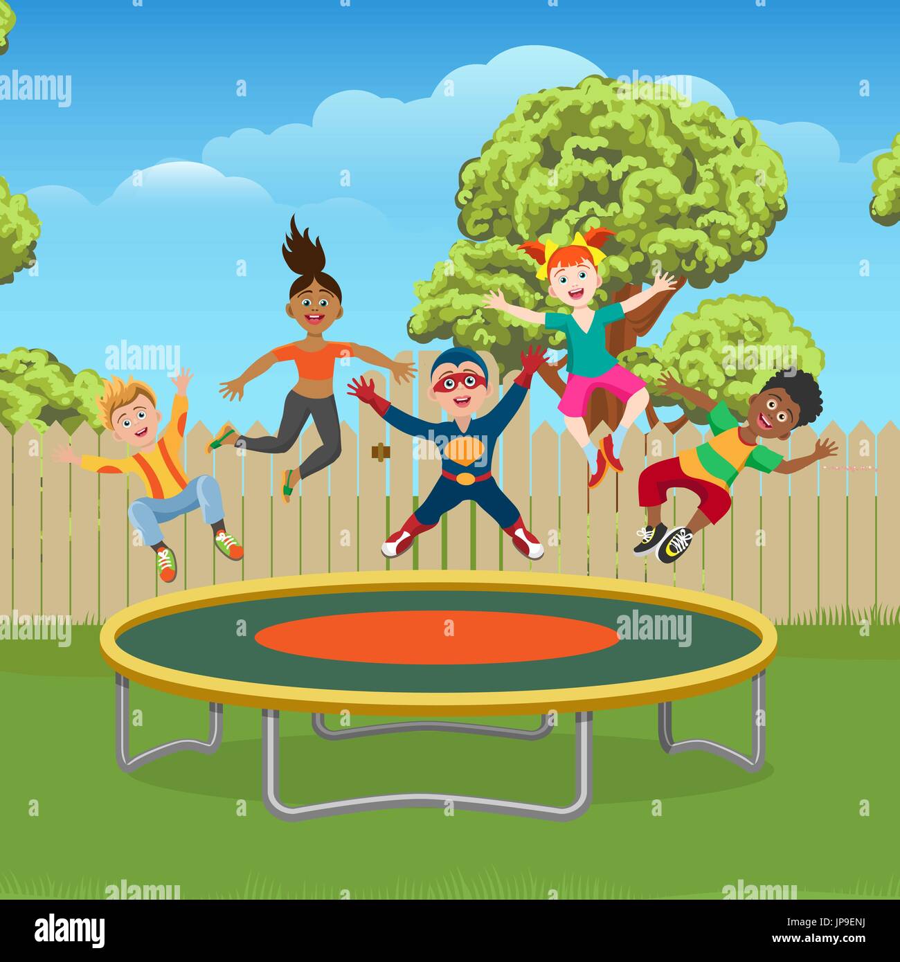 Energetische und glückliche Kinder springen auf dem Trampolin im Garten, Vektor-Illustration Stock Vektor
