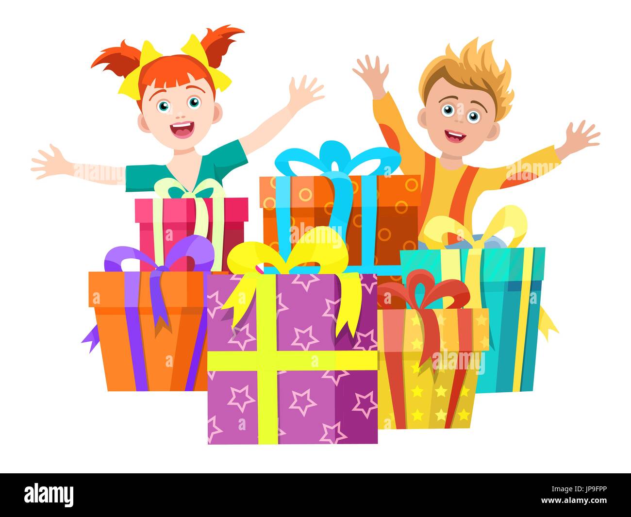 Glückliche Kinder mit Geschenken, Vektor-Illustration. Jungen und Mädchen und Geschenk-Boxen, isoliert auf weiss Stock Vektor