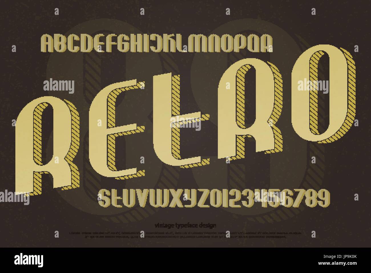 Vintage Alphabet Buchstaben und Zahlen mit gestreiften Schatten. Vektor, isometrische Schriftart. Retro, 3d Effekt Schrift-Design. stilvolle Grunge Schriftsatz Stock Vektor