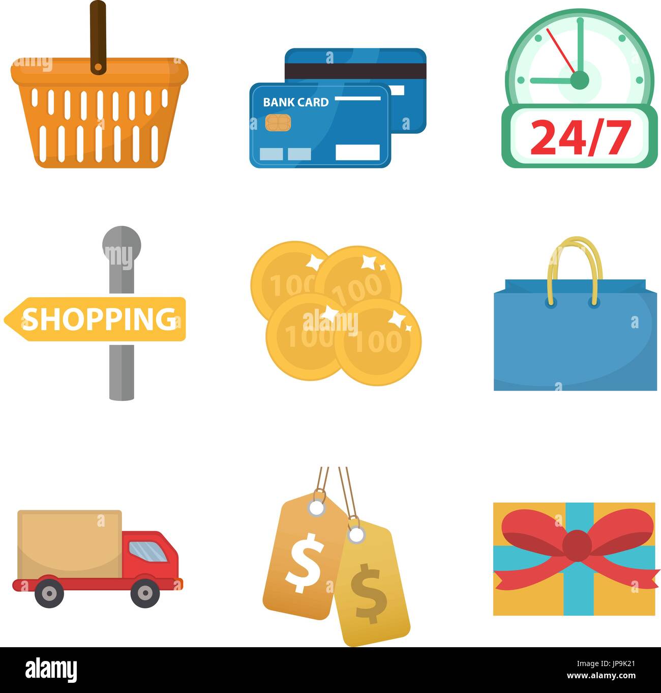 Einkaufen-Icon-Set, flach Stil. Shop-Symbolsammlung isoliert auf weißem Hintergrund. Speichern von Objekten und Elementen. Vektor-Illustration, Clip-Art. Stock Vektor