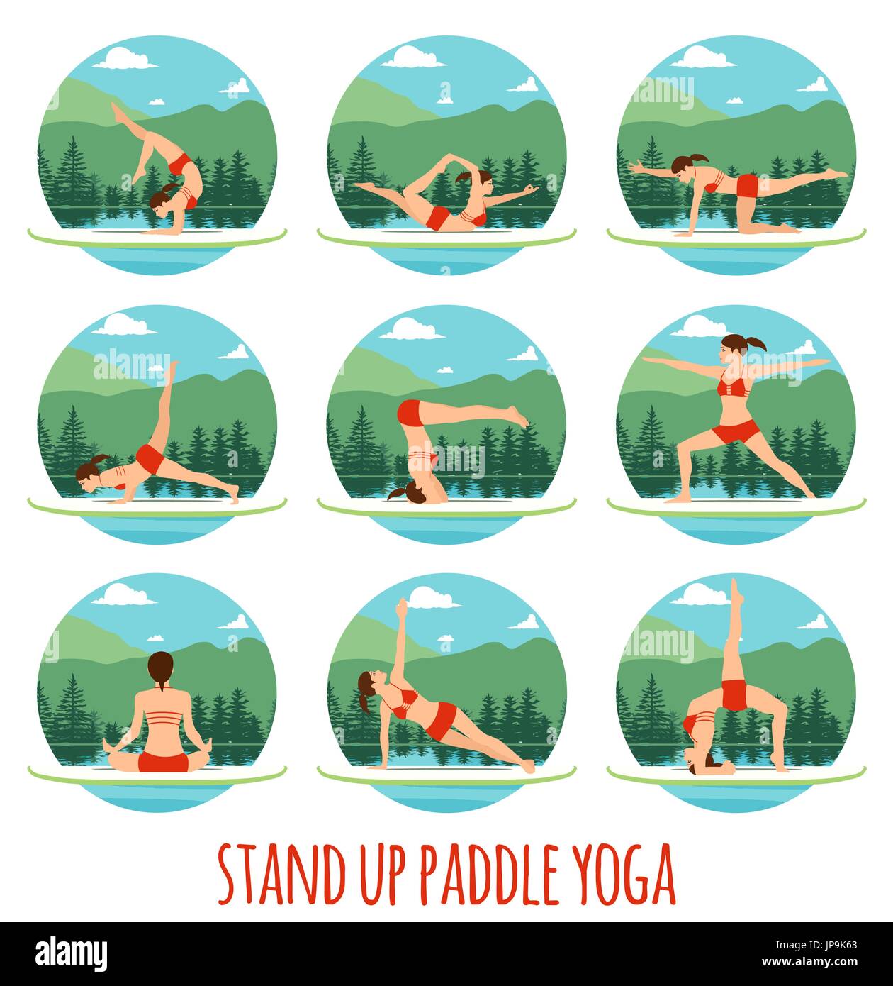 Frau am See Berglandschaft Stand Up Paddle Yoga Training Stand Up Paddling Yoga am Paddle Board auf dem Wasser zu tun Stock Vektor