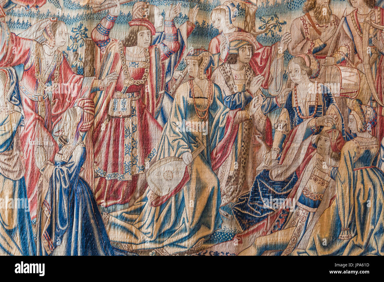 England, Middlesex, London, Kingston-upon-Thames, Hampton Court Palace, Henry VIII Apartments, The beobachten Paradeschlafzimmer, Gobelin Darstellung das Palastleben Stockfoto