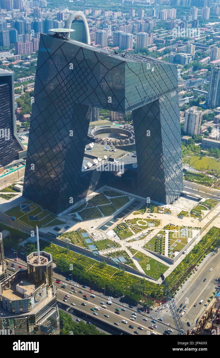 China, Beijing City Guomao Bezirk Skyline, Osten zweiten Ringstraße, CCTV Headquarters Building Stockfoto