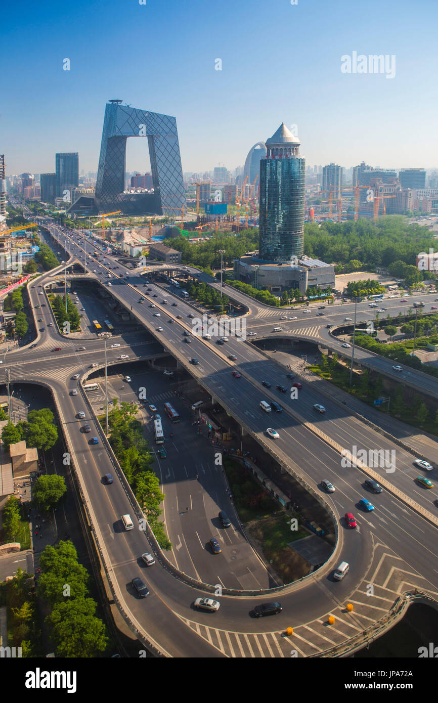 China, Beijing City Guomao Bezirk Skyline, Osten zweiten Ringstraße, CCTV Headquarters Building Stockfoto