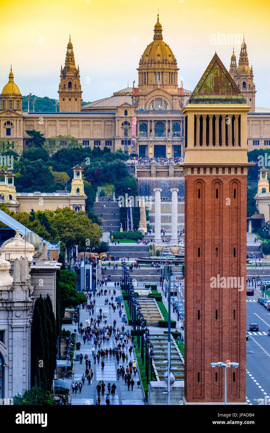 Blick auf den venezianischen Turm am Plaça d ' Espanya Platz und MNAC auf Hintergrund, Katalonien, Barcelona, Spanien. Stockfoto