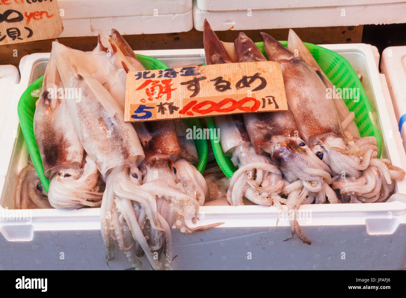 Japan, Honshu, Tokio, Ueno, Ameyoko-Cho Markt, Tintenfisch-Anzeige Stockfoto