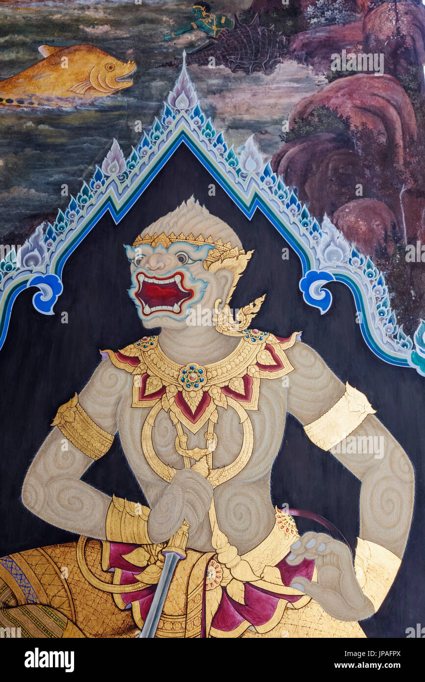 Thailand, Bangkok, Grand Palace, Wat Phra Kaeo, Galerien, Wandmalereien mit Szenen aus dem Ramakien Stockfoto